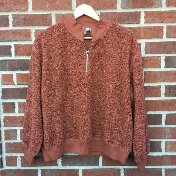 Time and Tru Sherpa Quarter Zip Sweater Womens Large Brown Rust Popcorn - Picture 1 of 6